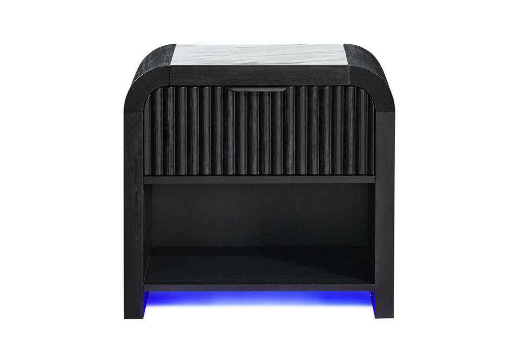Black Beckett nightstand with a fluted drawer, open shelf and blue lighting