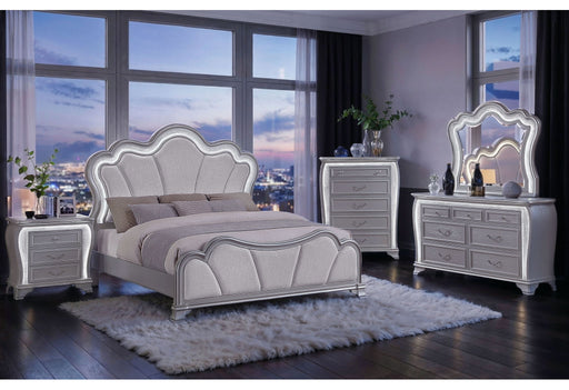 Aria - 5 Piece King Bedroom Set (Bed, Dresser & Mirror, Nightstand, Chest) - Silver