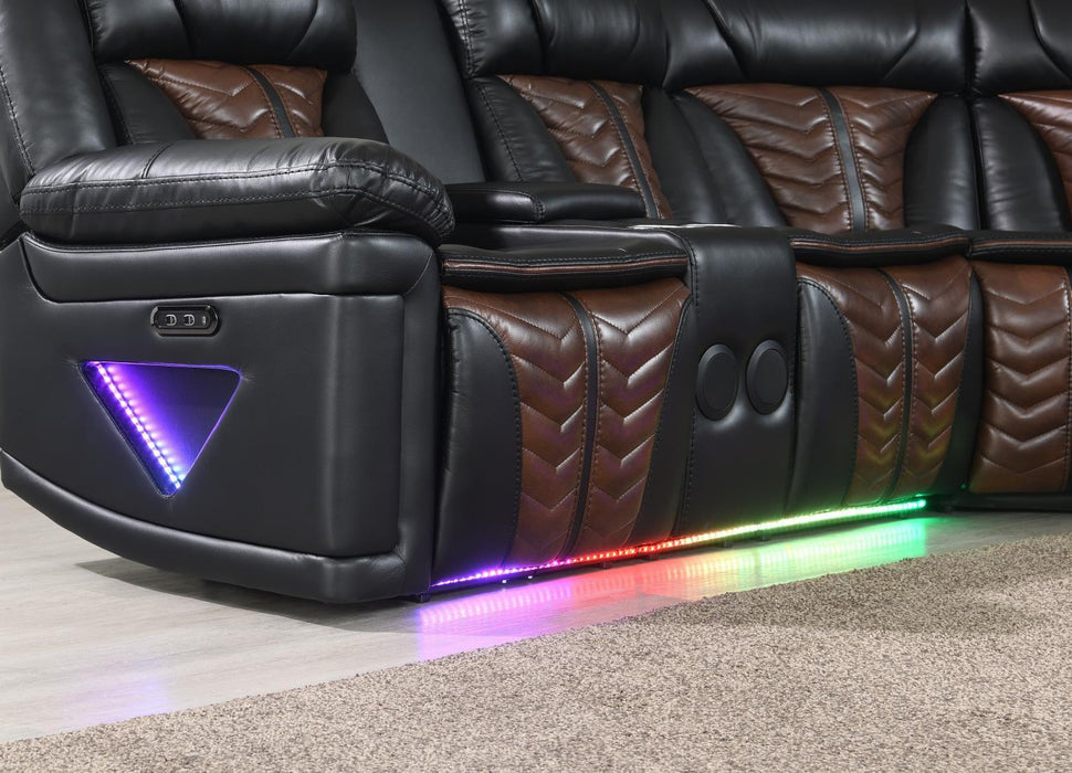 U56 - 3 Piece Power Sectional With Bluetooth Speaker, And Wireless Charger, Multi Color LED - Black / Brown - alternate view 3