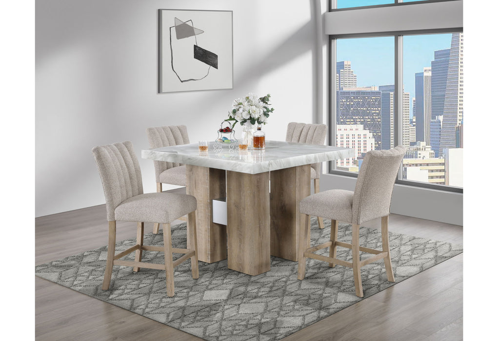 D04 dining set with a square marble-look table and four upholstered stools in a room setting