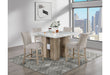 D04 dining set with a square marble-look table and four upholstered stools in a room setting