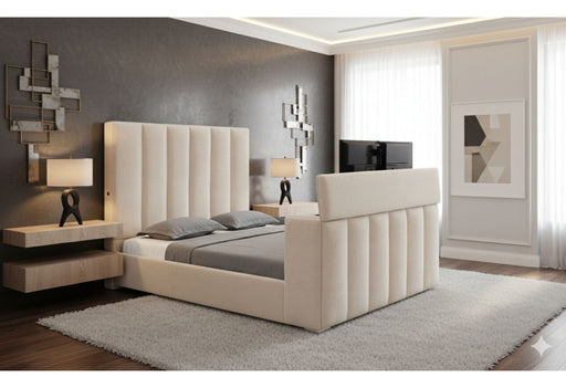 Serenity cream upholstered king bed in a bedroom setting with the footboard TV lift raised