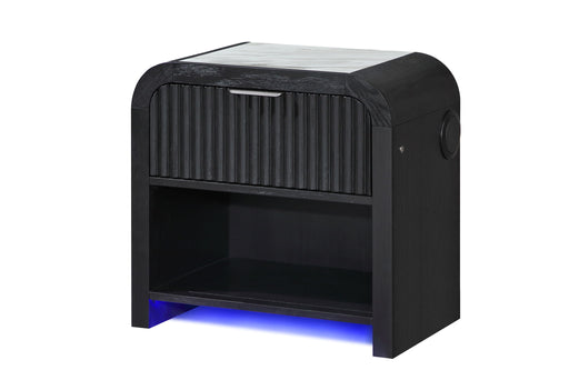 Angled view of the Beckett nightstand showing its open shelf and side speaker
