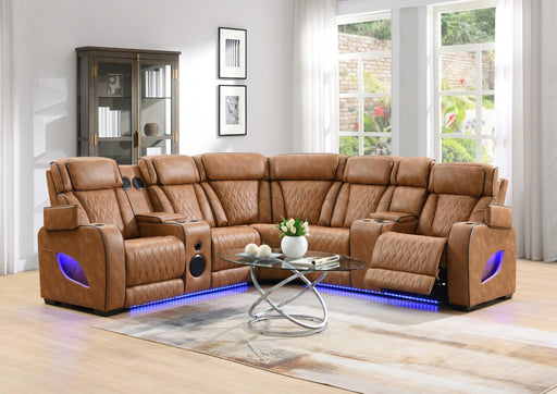 U12 - 3 Piece Power LED Sectional, Power Headrest, Heat, Massage Wireless Charger, And USB - Brown