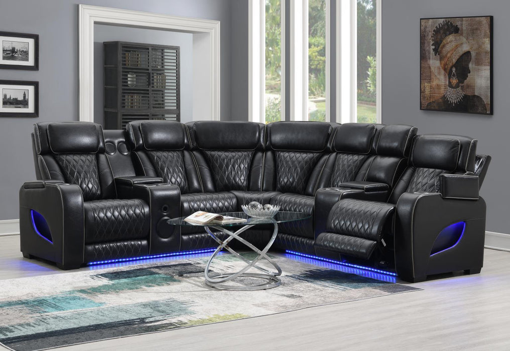 U10 - 3 Piece Power LED Sectional, Power Headrest, Heat, Massage Wireless Charger, And USB - Black - alternate view 4