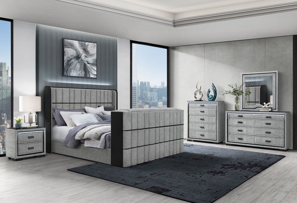 Isabella - 5 Piece Queen Bedroom Set (Queen Bed With LED, TV Lift, Bluetooth Speaker And Firpeplace Crystal) - Gray