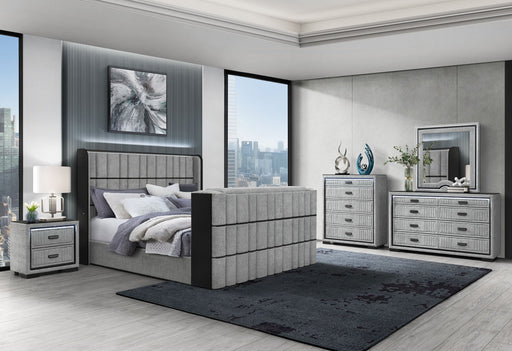 Isabella - 5 Piece King Bedroom Set (King Bed With LED, TV Lift, Bluetooth Speaker And Firpeplace Crystal) - Gray