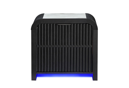 Front view of the black Beckett cooler nightstand with fluted panels and blue lighting