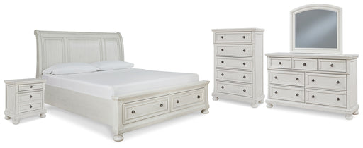 Robbinsdale King Sleigh Bed with Storage with Mirrored Dresser, Chest and Nightstand - Raleigh Outlet