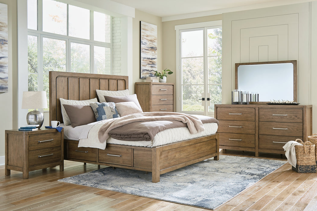 Cabalynn California King Panel Bed with Storage with Mirrored Dresser, Chest and Nightstand - Raleigh Outlet