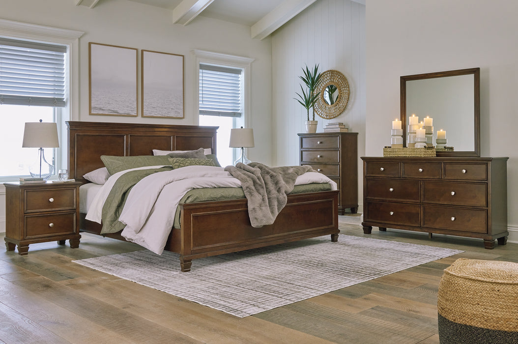 Danabrin California King Panel Bed with Mirrored Dresser and Nightstand - Raleigh Outlet