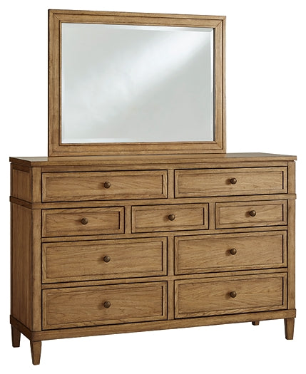Sharlance King Upholstered Panel Bed with Mirrored Dresser and Nightstand