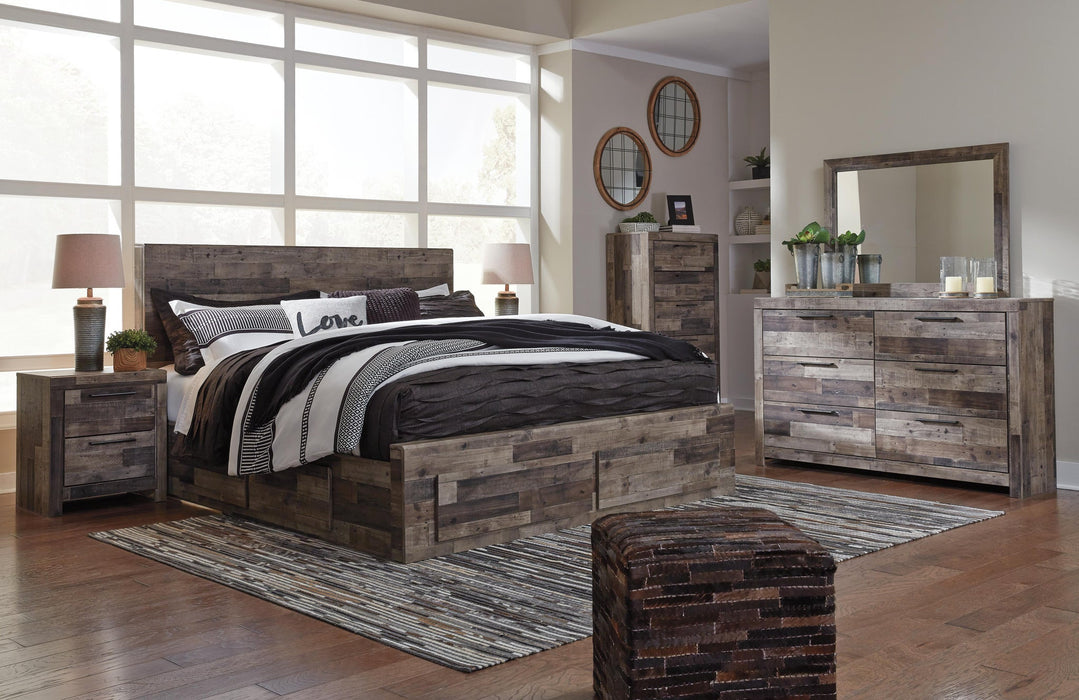 Derekson King Panel Bed with 4 Storage Drawers with Mirrored Dresser, Chest and Nightstand - alternate view 11