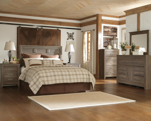 Juararo Queen Panel Headboard Bed with Mirrored Dresser, Chest and Nightstand - alternate view 2