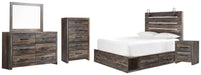 Drystan Queen Panel Bed with 4 Storage Drawers, Dresser, Mirror, Chest and Nightstand