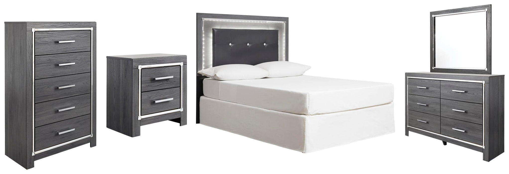 Lodanna Full Upholstered Panel Headboard Bed with Mirrored Dresser, Chest and Nightstand