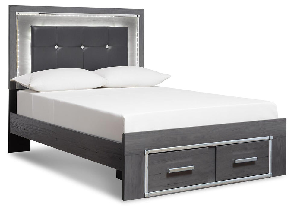 Lodanna King Panel Bed with 2 Storage Drawers with Mirrored Dresser, Chest and Nightstand - alternate view 3