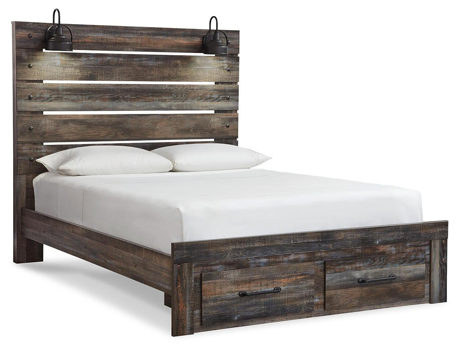 Drystan Queen Panel Bed with 2 Storage Drawers with Mirrored Dresser, Chest and Nightstand - alternate view 3