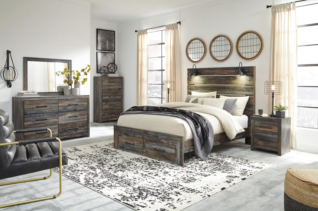Drystan Queen Panel Bed with 2 Storage Drawers with Mirrored Dresser, Chest and Nightstand - alternate view 2