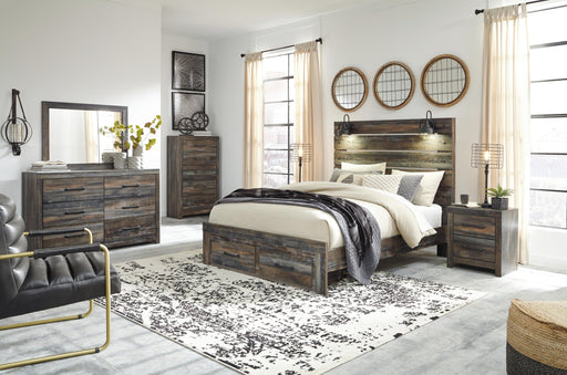 Drystan Queen Panel Bed with 2 Storage Drawers with Mirrored Dresser, Chest and Nightstand - alternate view 2