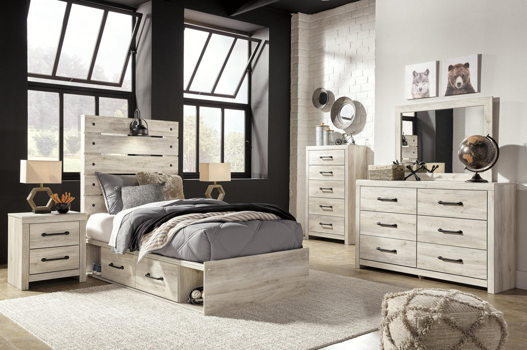 Cambeck Twin Panel Bed with 4 Storage Drawers with Mirrored Dresser, Chest and Nightstand - alternate view 2