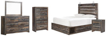 Drystan Queen Panel Bed with 2 Storage Drawers, Dresser, Mirror, Chest and Nightstand