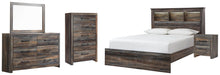 Drystan Queen Bookcase Bed, Dresser, Mirror, Chest and Nightstand
