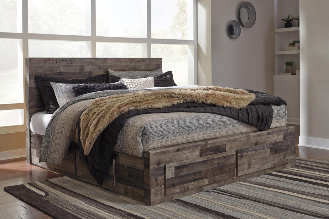 Derekson King Panel Bed with 4 Storage Drawers with Mirrored Dresser - alternate view 4
