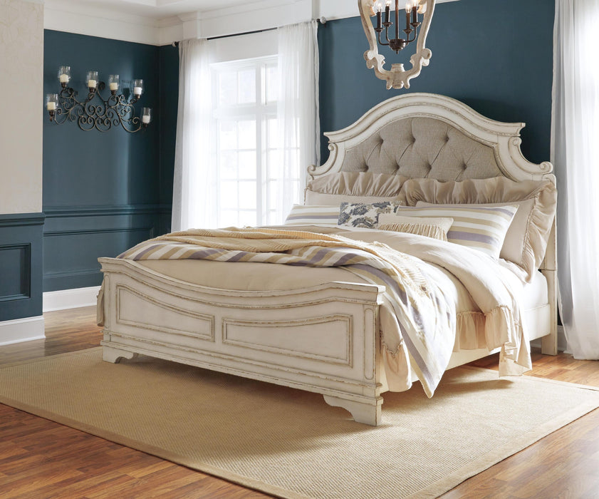 Realyn Queen Upholstered Panel Bed with Mirrored Dresser - alternate view 4