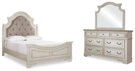 Realyn Queen Upholstered Panel Bed with Mirrored Dresser - alternate view 2