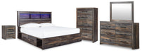 Drystan King Bookcase Bed with 2 Storage Drawers with Mirrored Dresser, Chest and Nightstand