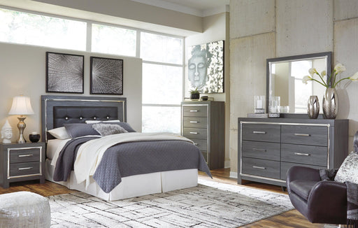 Lodanna Queen/Full Upholstered Panel Headboard Bed with Mirrored Dresser, Chest and Nightstand - alternate view 2
