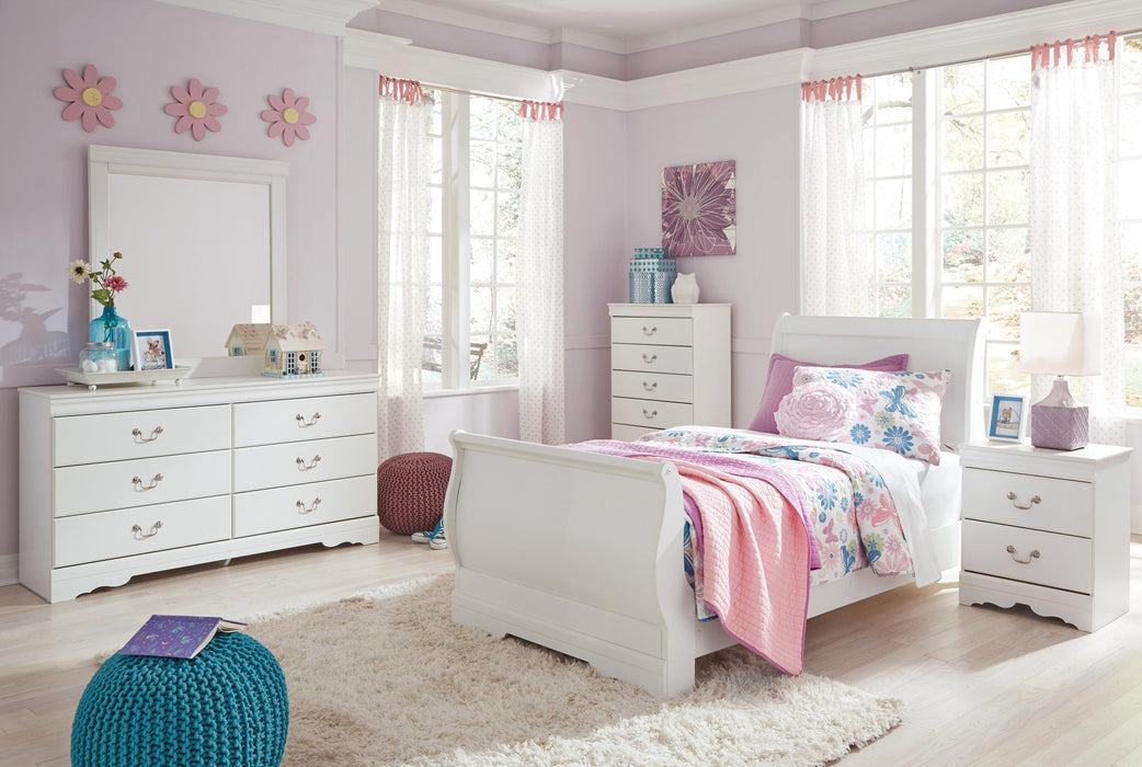 Anarasia Twin Sleigh Bed with Mirrored Dresser, Chest and Nightstand - alternate view 2