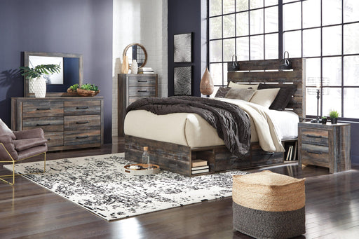 Drystan Queen Panel Bed with 2 Storage Drawers with Mirrored Dresser and Nightstand - alternate view 2