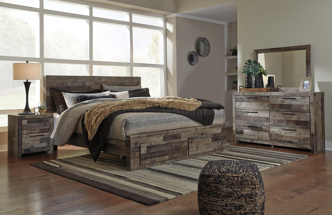 Derekson King Panel Bed with 2 Storage Drawers with Mirrored Dresser and Nightstand - alternate view 2