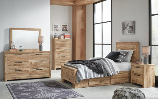 Hyanna Twin Panel Bed with 1 Side Storage, Dresser, Mirror, Chest and Nightstand - alternate view 2