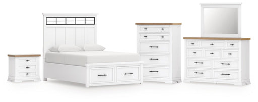 Ashbryn King Panel Storage Bed, Dresser, Mirror, Chest and Nightstand