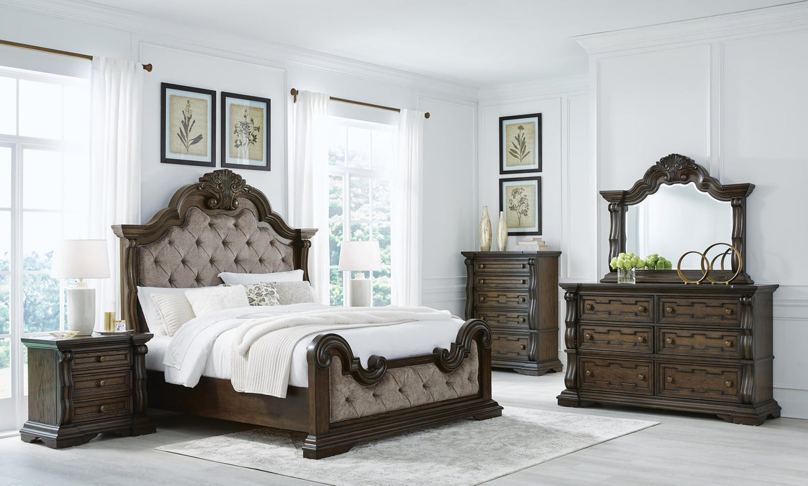 Maylee King Upholstered Bed with Mirrored Dresser and Nightstand - alternate view 11