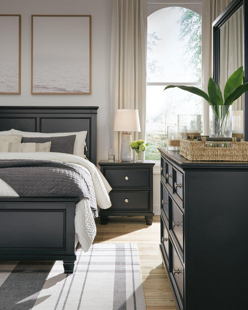 Lanolee California King Panel Bed with Mirrored Dresser and Nightstand - alternate view 2