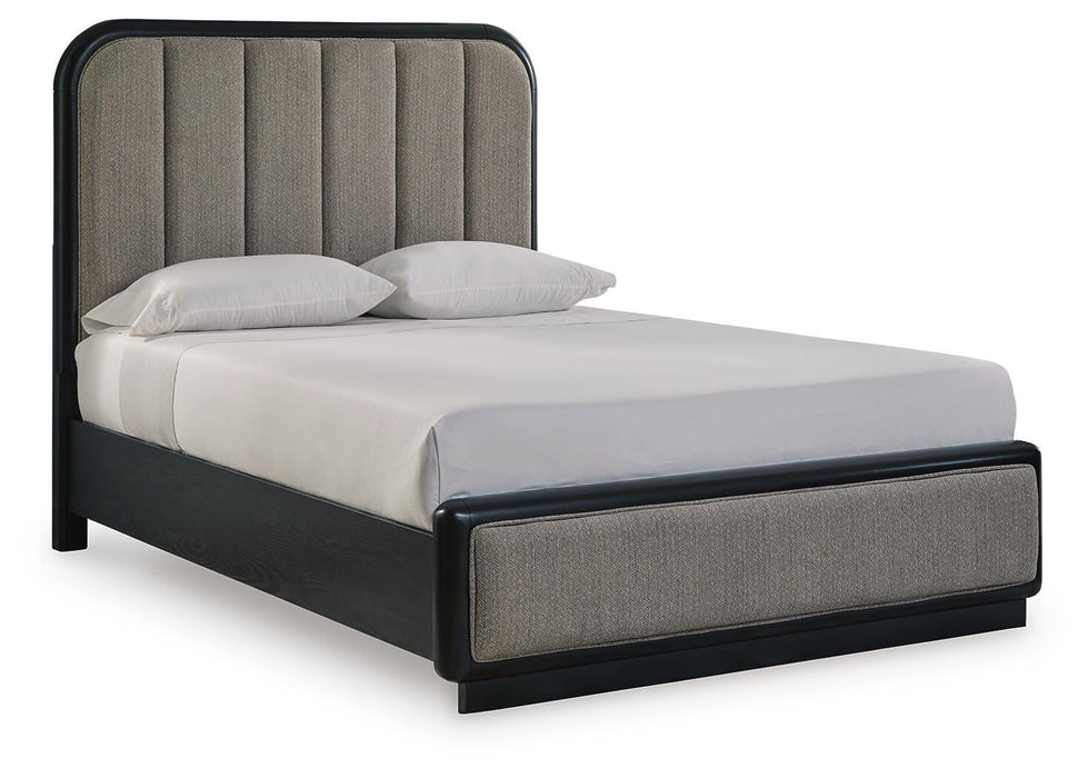 Rowanbeck Queen Upholstered Panel Bed with Mirrored Dresser, Chest and Nightstand - alternate view 7