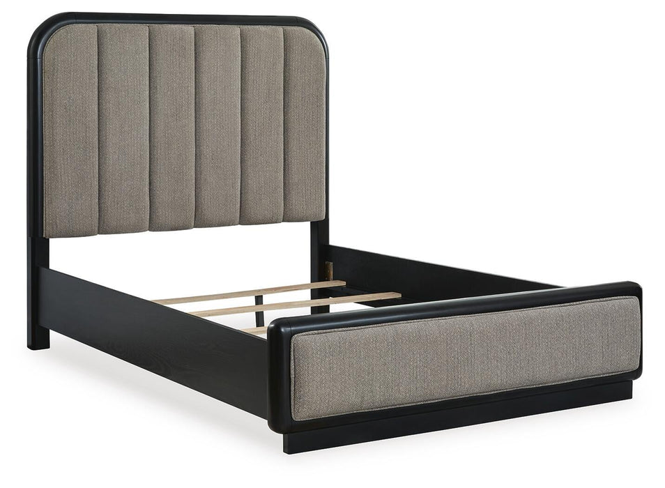 Rowanbeck Queen Upholstered Panel Bed with Mirrored Dresser, Chest and Nightstand - alternate view 8