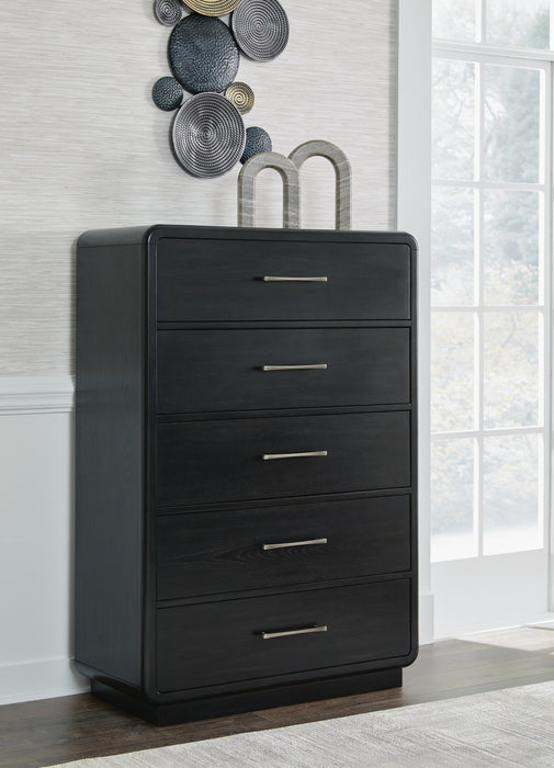 Rowanbeck Queen Upholstered Panel Bed with Mirrored Dresser, Chest and Nightstand - alternate view 16