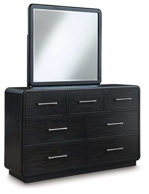 Rowanbeck Queen Upholstered Panel Bed with Mirrored Dresser - alternate view 2