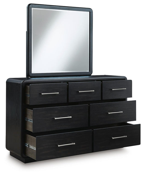 Rowanbeck Queen Upholstered Panel Bed with Mirrored Dresser - alternate view 3