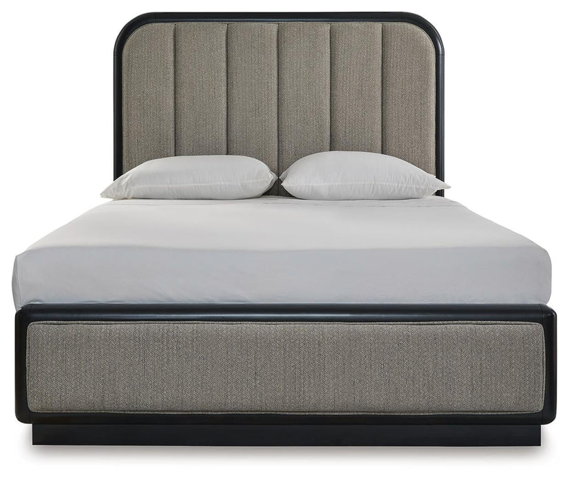 Rowanbeck Queen Upholstered Panel Bed with Mirrored Dresser - alternate view 6