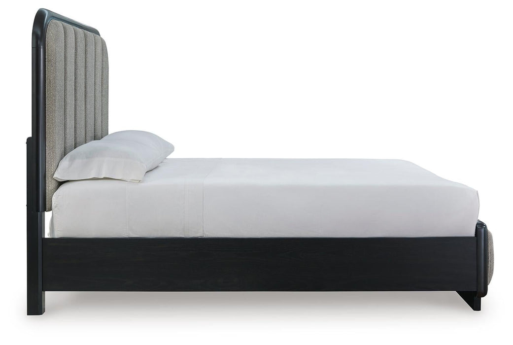 Rowanbeck Queen Upholstered Panel Bed with Mirrored Dresser - alternate view 9