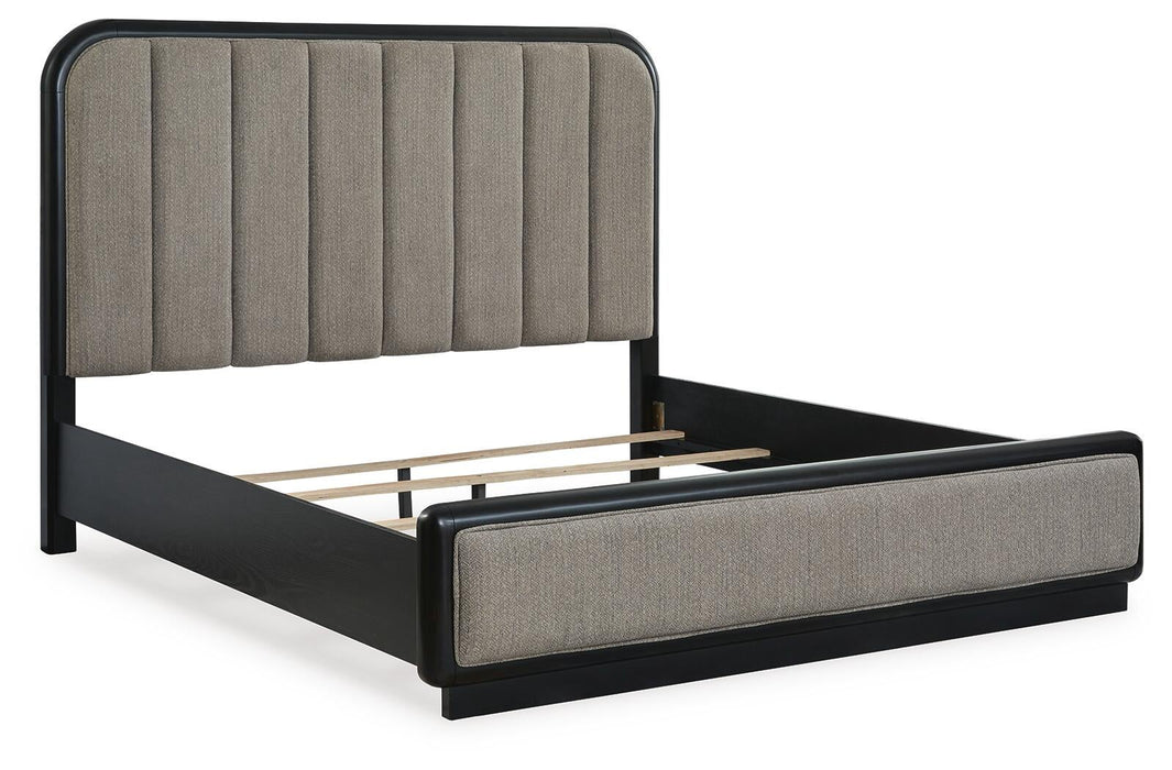 Rowanbeck California King Upholstered Panel Bed, Dresser, Mirror, Chest and Nightstand - alternate view 9