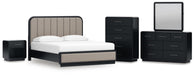 Rowanbeck California King Upholstered Panel Bed, Dresser, Mirror, Chest and Nightstand