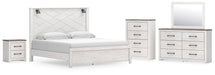 Gerridan King Panel Bed with Mirrored Dresser, Chest and Nightstand