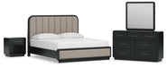 Rowanbeck California King Upholstered Panel Bed, Dresser, Mirror and Nightstand